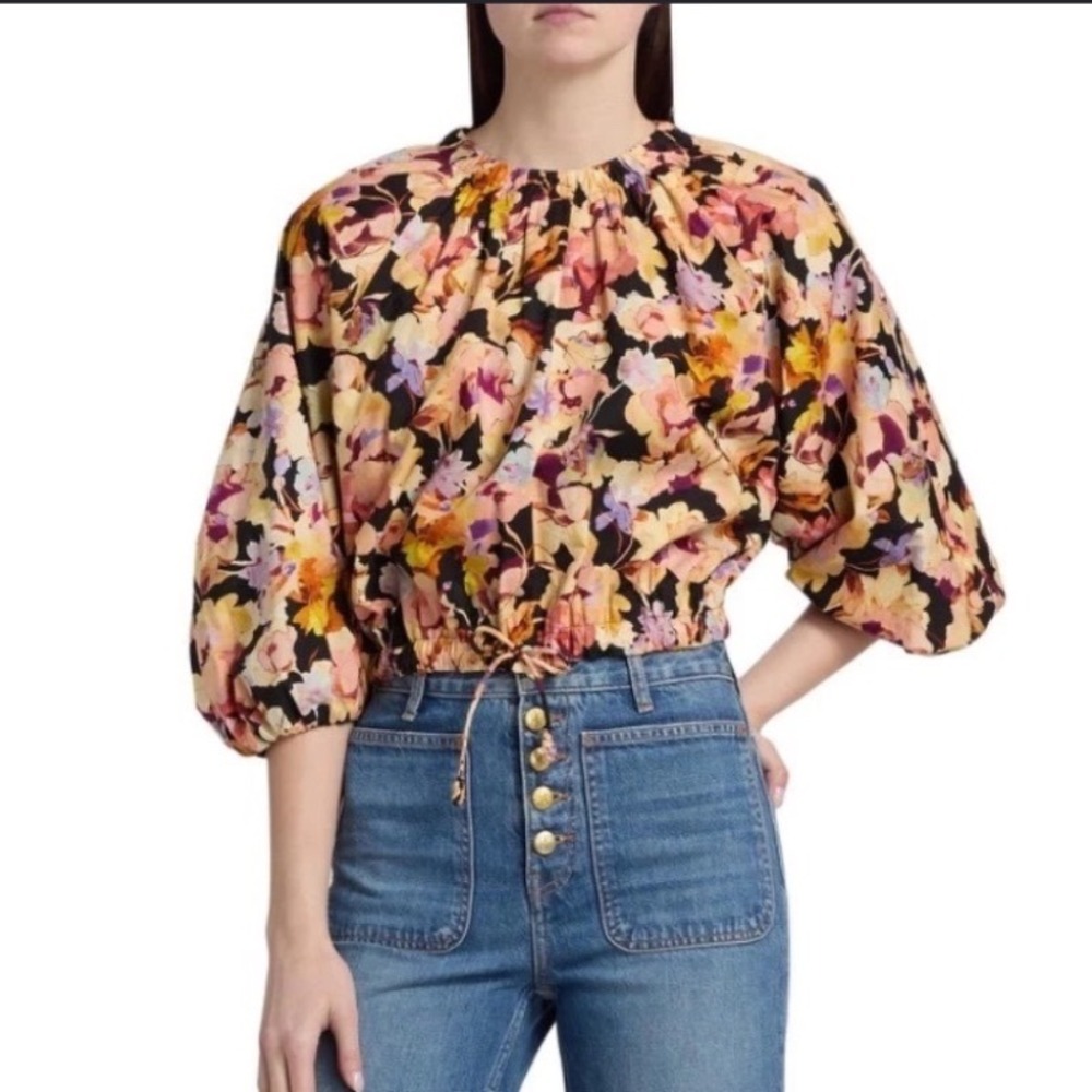 Ulla Johnson Lucie Top Floral Puff Sleeve Drawstring Crop Blouse Women 2